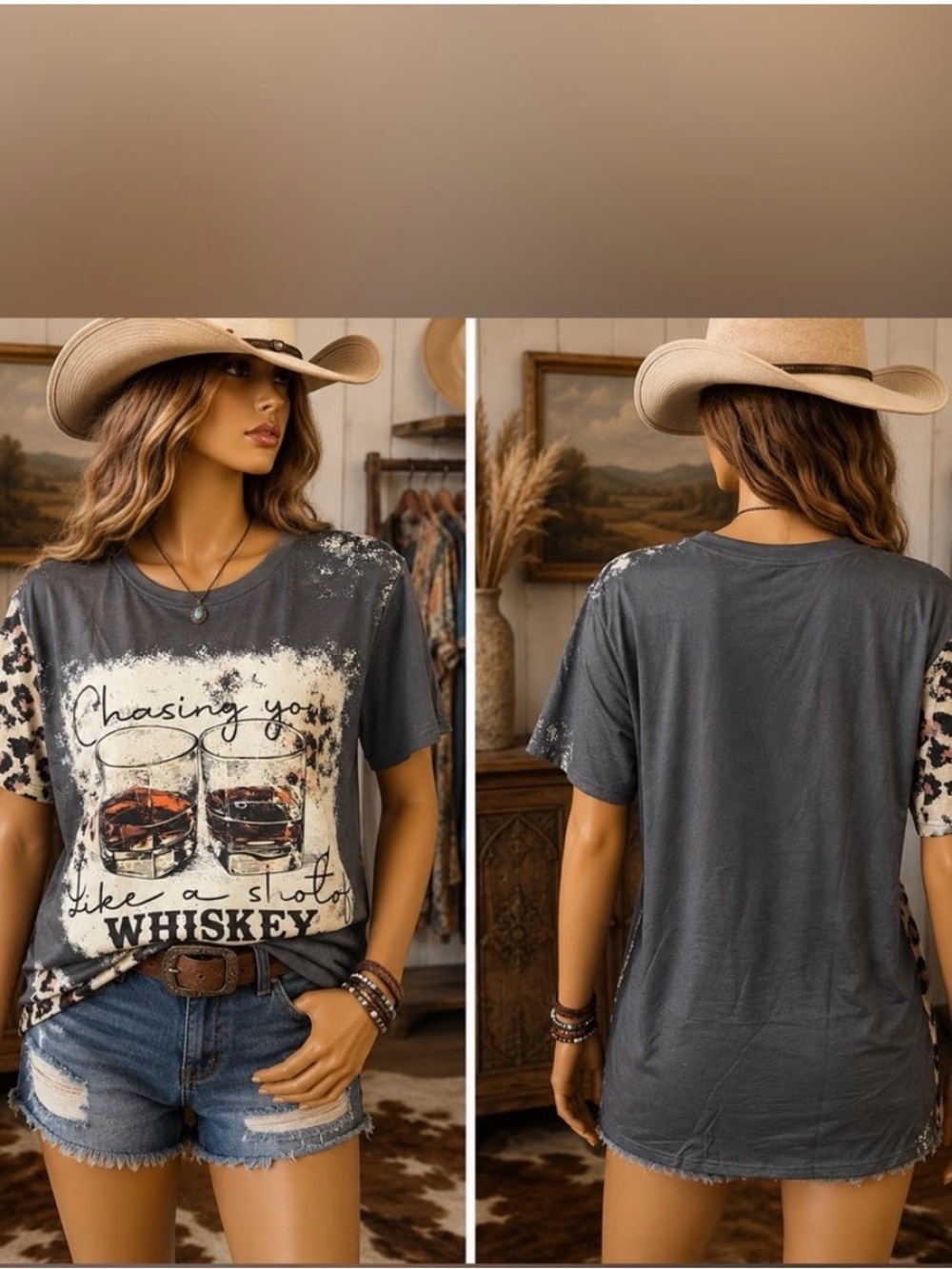 🆕 XXL Charcoal Graphic Tee with Leopard Sleeve Accents - Women Tops